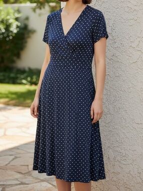 L.L. Bean Navy Polka Dot Summer Midi Dress Size M